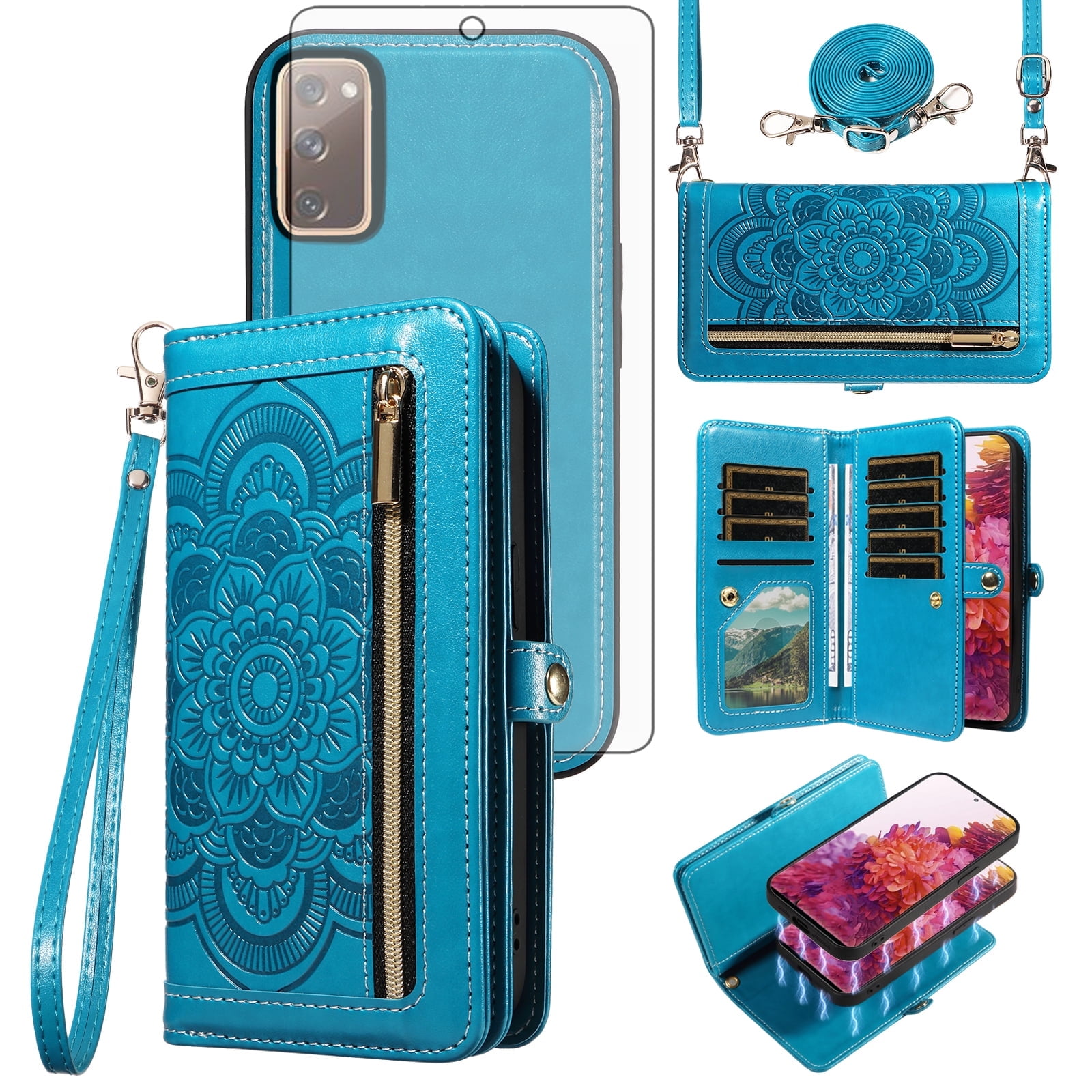 Phone Case for Samsung Galaxy S20 FE 5G 6.5 inch Zipper Wallet Cell Cover with Screen Protector Strap Flower Flip Card Holder S 20 EF UW 2022 S20FE5G S20FE 20S S2O Fan Edition 4G G5 Women Blue