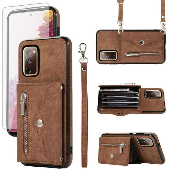 Phone Case for Samsung Galaxy S20 FE 5G/S20 Fan Edition Wallet Cover with Tempered Glass Screen Protector Wrist Crossbody Strap Card Holder Stand S 20 EF UW S20FE5G S20FE 20S S2O 4G G5 Women Brown