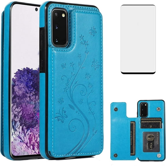 Phone Case for Samsung Galaxy S20 Glaxay S 20 5G 6.2 inch with Tempered Glass Screen Protector Card Holder Wallet Cover Stand Flip Leather Cell Accessories Gaxaly 20S G5 Cases Women Men Blue