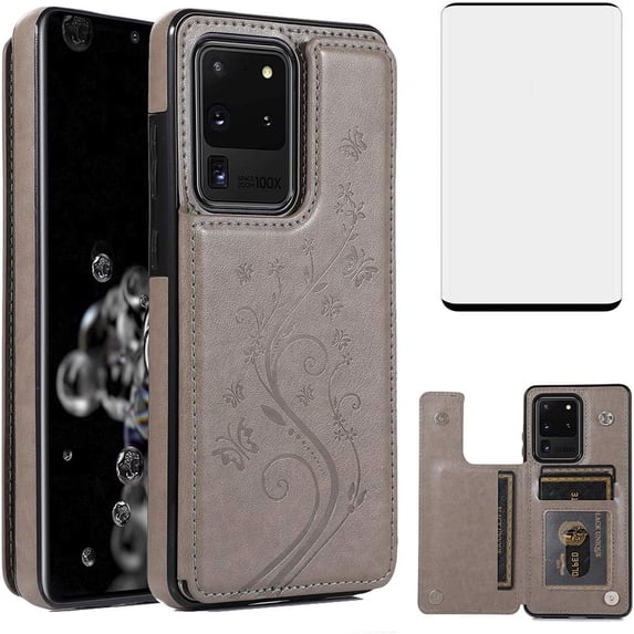 Phone Case for Samsung Galaxy S20 Plus Glaxay S20+ 5G with Tempered Glass Screen Protector and Card Holder Wallet Cover Flip Leather Cell Gaxaly S20+5G S20plus 20S + S 20 20+ G5Cases Women Men Gray