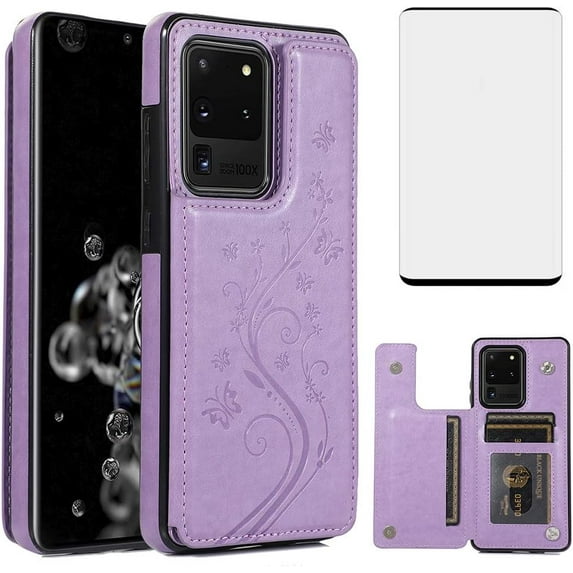 Phone Case for Samsung Galaxy S20 Plus Glaxay S20+ 5G with Tempered Glass Screen Protector and Card Holder Wallet Cover Flip Leather Cell Gaxaly S20+5G S20plus 20S + S 20 20+ G5Cases Women Men Purple