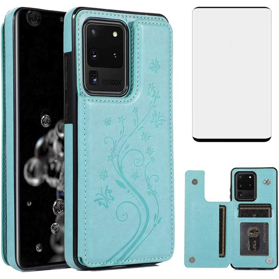 Phone Case for Samsung Galaxy S20 Plus Glaxay S20+ 5G with Tempered Glass Screen Protector and Card Holder Wallet Cover Flip Leather Cell Gaxaly S20+5G S20plus 20S + S 20 20+ G5Cases Women Men Green