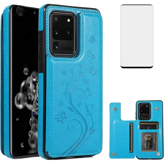Phone Case for Samsung Galaxy S20 Plus Glaxay S20+ 5G with Tempered Glass Screen Protector and Card Holder Wallet Cover Flip Leather Cell Gaxaly S20+5G S20plus 20S + S 20 20+ G5Cases Women Men Blue