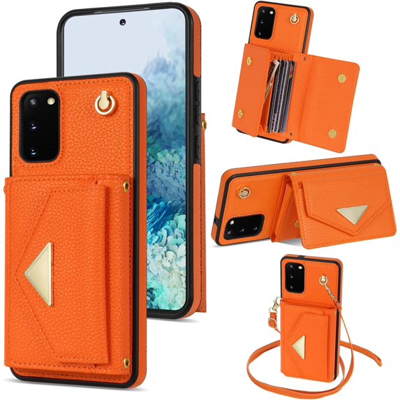 Phone Case for Samsung Galaxy S20 Plus S20+ 5G Wallet Cell Cover with Card Holder Stand Shoulder Crossbody Strap Long Lanyard Leather S20+5G S20plus 20S + S2O S 20 20+ G5 Women Girls Orange