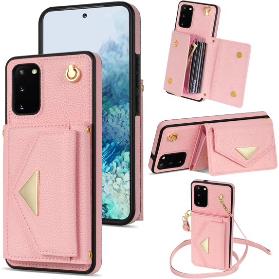 Phone Case for Samsung Galaxy S20 Plus S20+ 5G Wallet Cell Cover with Card Holder Stand Shoulder Crossbody Strap Long Lanyard Leather S20+5G S20plus 20S + S2O S 20 20+ G5 Women Girls Pink