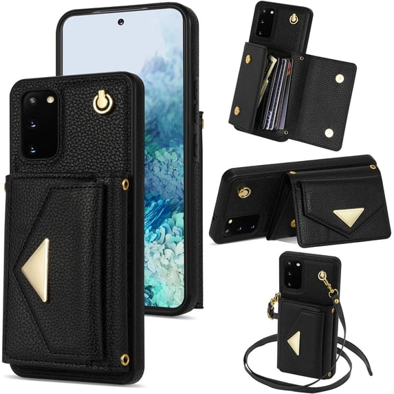 Phone Case for Samsung Galaxy S20 Plus S20+ 5G Wallet Cell Cover with Card Holder Stand Shoulder Crossbody Strap Long Lanyard Leather S20+5G S20plus 20S + S2O S 20 20+ G5 Women Girls Black