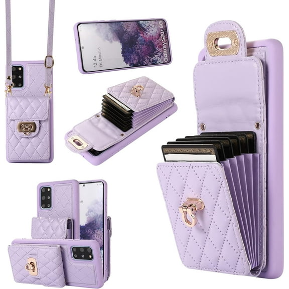 Phone Case for Samsung Galaxy S20 Plus S20+ 5G Wallet Cover with Credit Card Holder Crossbody Strap Long Lanyard Leather Cell Accessories S20+5G S20plus 20S + S2O S 20 20+ G5 Women Girl Purple