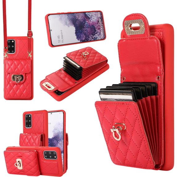 Phone Case for Samsung Galaxy S20 Plus S20+ 5G Wallet Cover with Credit Card Holder Shoulder Crossbody Strap Long Lanyard Leather Cell Accessories S20+5G S20plus 20S + S2O S 20 20+ G5 Women Girls Red