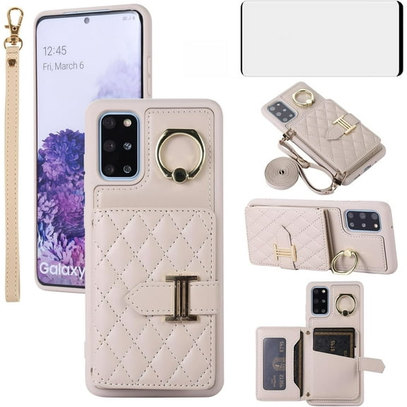 Phone Case for Samsung Galaxy S20 Plus S20+ 5G Wallet Cover with Screen Protector Ring Stand Credit Card Holder Slot Crossbody Strap Cell S20+5G S20plus 20S + S2O S 20 20+ G5 Women Girls Men Beige