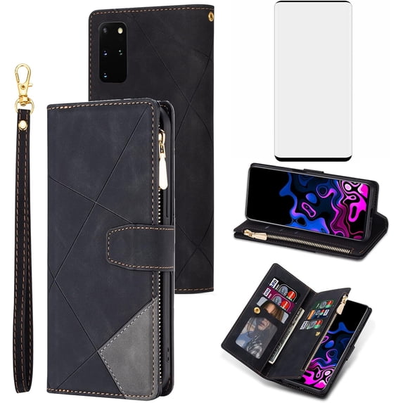 Phone Case for Samsung Galaxy S20 Plus S20+ 5G Wallet Cover With Tempered Glass Screen Protector Flip Zipper Credit Card Holder Stand Cell Accessories S20+5G S20plus 20S + S2O S 20 20+ G5 Women Black