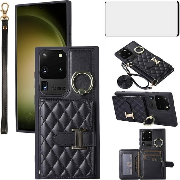 Phone Case for Samsung Galaxy S20 Ultra 5G Wallet Cover with Screen Protector and Ring Stand Credit Card Holder Slot Crossbody Strap Cell S20ultra 20S S 20 A20 S2O 20ultra G5 Women Girls Men Black