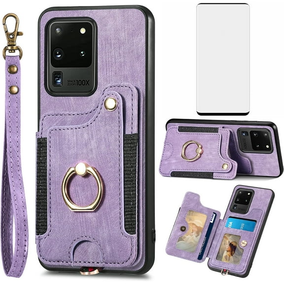 Phone Case for Samsung Galaxy S20 Ultra 5G Wallet Cover with Screen Protector and Wrist Strap Lanyard RFID Card Holder Ring Stand Cell Accessories S20ultra 20S S 20 A20 S2O 20ultra G5 Women Men Purple