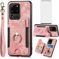 thumbnail image 1 of Phone Case for Samsung Galaxy S20 Ultra 5G Wallet Cover with Screen Protector and Wrist Strap Lanyard RFID Card Holder Ring Stand Cell Accessories S20ultra 20S S 20 A20 S2O 20ultra G5 Women Men Pink, 1 of 13