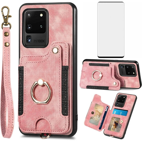 Phone Case for Samsung Galaxy S20 Ultra 5G Wallet Cover with Screen Protector and Wrist Strap Lanyard RFID Card Holder Ring Stand Cell Accessories S20ultra 20S S 20 A20 S2O 20ultra G5 Women Men Pink