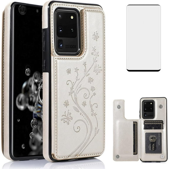 Phone Case for Samsung Galaxy S20 Ultra Glaxay S20ultra 5G with Tempered Glass Screen Protector Card Holder Wallet Cover Stand Flip Leather Cell Gaxaly 20S S 20 A20 20ultra G5 Cases Women Golden