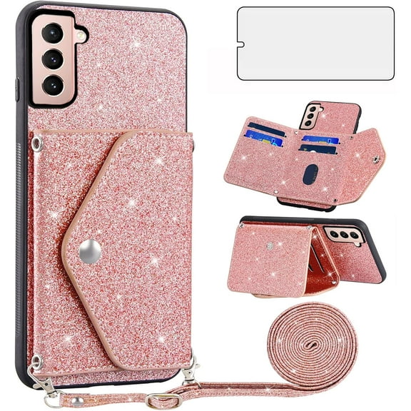 Phone Case for Samsung Galaxy S21 5G 6.2 inch Wallet Cover with Tempered Glass Screen Protector and Crossbody Strap Lanyard Bling Glitter Credit Card Holder S 21 21S G5 Women Girls Pink