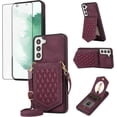 thumbnail image 1 of Phone Case for Samsung Galaxy S21 5G 6.2 inch Wallet Cover with Tempered Glass Screen Protector and Mirror Credit Card Holder Slot Shoulder Crossbody Strap Cell S 21 21S G5 Women Girls Men Red, 1 of 13