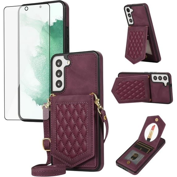 Phone Case for Samsung Galaxy S21 5G 6.2 inch Wallet Cover with Tempered Glass Screen Protector and Mirror Credit Card Holder Slot Shoulder Crossbody Strap Cell S 21 21S G5 Women Girls Men Red