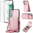 thumbnail image 1 of Phone Case for Samsung Galaxy S21 5G 6.2 inch Wallet Cover with Tempered Glass Screen Protector Mirror Credit Card Holder Slot Shoulder Crossbody Strap Cell S 21 21S G5 Women Girls Rose Gold, 1 of 13