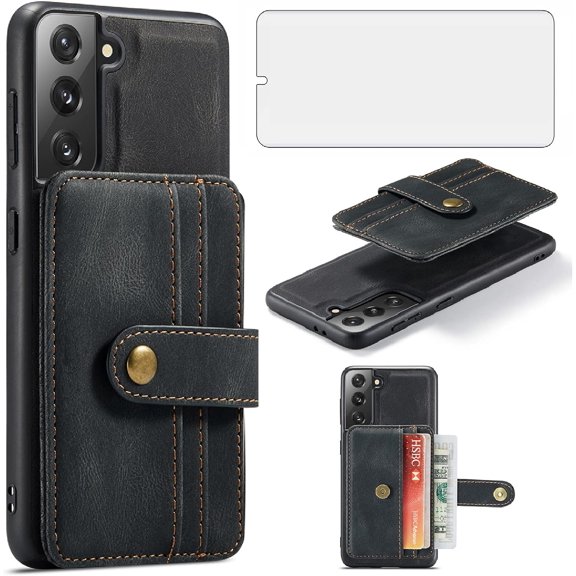 Phone Case for Samsung Galaxy S21 5G 6.2 inch Wallet Cover with Tempered Glass Screen Protector and RFID Credit Card Holder Leather Cell Accessories S 21 21S G5 GS21 X21 D21 4G Women Men Black