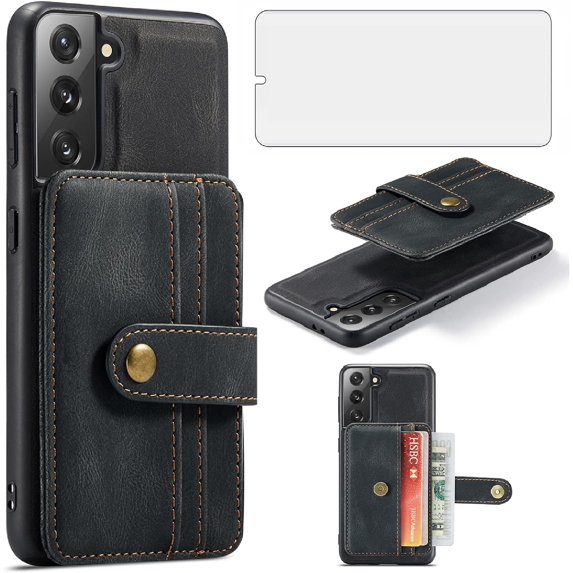 Phone Case for Samsung Galaxy S21 5G 6.2 inch Wallet Cover with Tempered Glass Screen Protector and RFID Credit Card Holder Leather Cell Accessories S 21 21S G5 GS21 X21 D21 4G Women Men Black