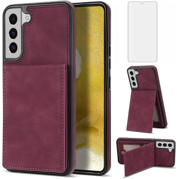 Phone Case for Samsung Galaxy S21 5G 6.2 inch Wallet Cover with Tempered Glass Screen Protector and RFID Slim Credit Card Holder Slot Stand Cell Accessories S 21 21S G5 Women Girl Men Boy Red