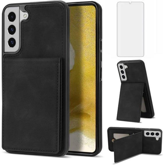 Phone Case for Samsung Galaxy S21 5G 6.2 inch Wallet Cover with Tempered Glass Screen Protector and RFID Slim Credit Card Holder Slot Stand Cell Accessories S 21 21S G5 Women Girls Men Black