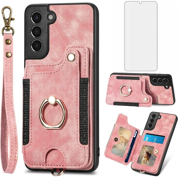 Phone Case for Samsung Galaxy S21 5G 6.2 inch Wallet Cover with Tempered Glass Screen Protector and Wrist Strap Lanyard RFID Credit Card Holder Ring Stand Cell Accessories S 21 21S G5 Women Men Pink