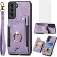 thumbnail image 1 of Phone Case for Samsung Galaxy S21 5G 6.2 inch Wallet Cover with Tempered Glass Screen Protector and Wrist Strap Lanyard RFID Credit Card Holder Ring Stand Cell Accessories S 21 21S G5 Women Men Purple, 1 of 13
