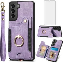 Phone Case for Samsung Galaxy S21 5G 6.2 inch Wallet Cover with Tempered Glass Screen Protector and Wrist Strap Lanyard RFID Credit Card Holder Ring Stand Cell Accessories S 21 21S G5 Women Men Purple