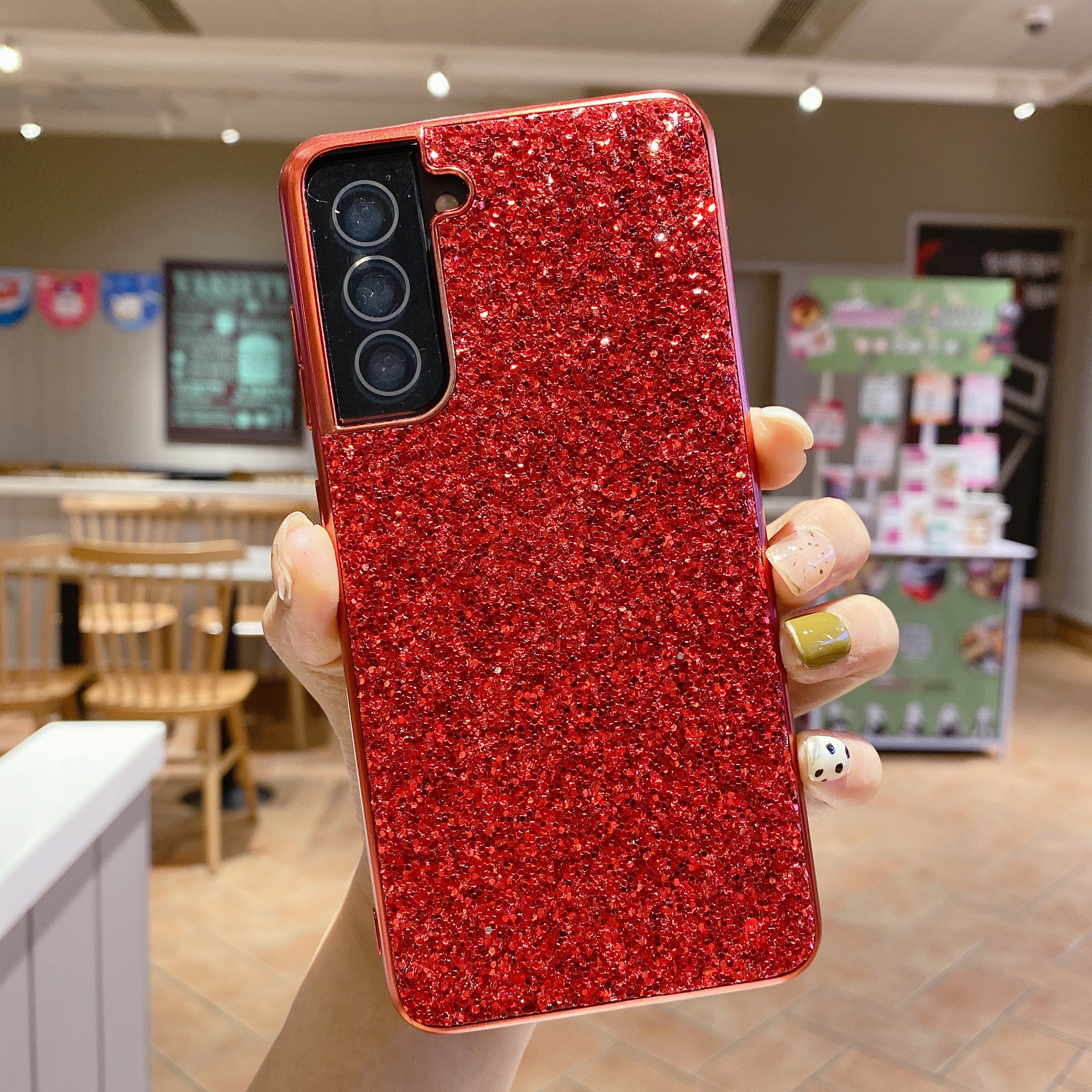 Phone Case for Samsung Galaxy S21 Case, Ultra Thin Glitter Bling Diamond Girls Woman Shockproof TPU Rubber Full Body Protective Cover for Samsung Galaxy S21 5G 6.2 inch 2021, Red