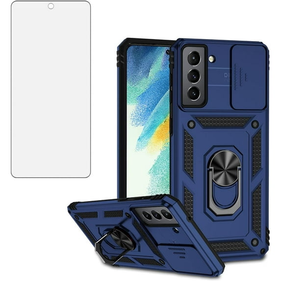 Phone Case for Samsung Galaxy S21 FE 5G with Tempered Glass Screen Protector and Slim Stand Hybrid Rugged Protective Cell Cover S 21 EF S21FE5G UW S21FE 21S G5 6.4 inch Women Men Blue
