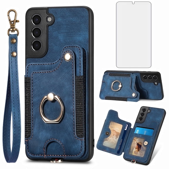 Phone Case for Samsung Galaxy S21 FE 5G Wallet Cell Cover with Tempered Glass Screen Protector Slim Lanyard Wrist Strap RFID Ring Stand Credit Card Holder Slot S 21 EF S21FE5G UW S21FE 21S G5 Blue