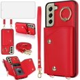 thumbnail image 1 of Phone Case for Samsung Galaxy S21 FE 5G Wallet Cover with Screen Protector and Ring Stand Credit Card Holder Slot Crossbody Strap Cell S 21 EF S21FE5G UW S21FE 21S G5 6.4 inch Women Girls Red, 1 of 13