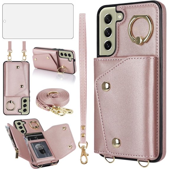 Phone Case for Samsung Galaxy S21 FE 5G Wallet Cover with Screen Protector and Ring Stand Credit Card Holder Slot Crossbody Strap Cell S 21 EF S21FE5G UW S21FE 21S G5 6.4 inch Women Girl Men Rose gold