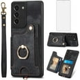 thumbnail image 1 of Phone Case for Samsung Galaxy S21 FE 5G Wallet Cover with Screen Protector and Wrist Strap Lanyard RFID Card Holder Ring Stand Cell Accessories S 21 EF S21FE5G UW S21FE 21S G5 6.4 inch Women Men Black, 1 of 13