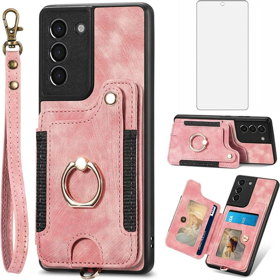 Phone Case for Samsung Galaxy S21 FE 5G Wallet Cover with Screen Protector and Wrist Strap Lanyard RFID Card Holder Ring Stand Cell Accessories S 21 EF S21FE5G UW S21FE 21S G5 6.4 inch Women Men Pink