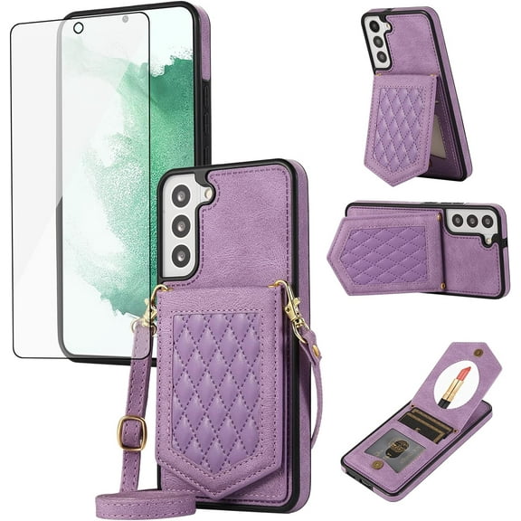 Phone Case for Samsung Galaxy S21 FE 5G Wallet Cover with Tempered Glass Screen Protector and Mirror Credit Card Holder Crossbody Strap Cell S 21 EF S21FE5G UW S21FE 21S G5 6.4 inch Women Girls Purple