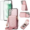 thumbnail image 1 of Phone Case for Samsung Galaxy S21 FE 5G Wallet Cover with Tempered Glass Screen Protector Mirror Credit Card Holder Crossbody Strap Cell S 21 EF S21FE5G UW S21FE 21S G5 6.4 inch Women Girls Rose gold, 1 of 7