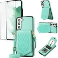 thumbnail image 1 of Phone Case for Samsung Galaxy S21 FE 5G Wallet Cover with Tempered Glass Screen Protector and Mirror Credit Card Holder Crossbody Strap Cell S 21 EF S21FE5G UW S21FE 21S G5 6.4 inch Women Girls Green, 1 of 13