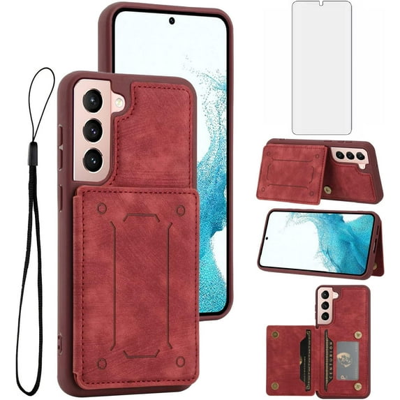 Phone Case for Samsung Galaxy S21 FE 5G Wallet Cover with Tempered Glass Screen Protector and Slim Credit Card Holder Stand Magnetic PU Leather Cell S 21 EF S21FE5G UW S21FE 21S G5 6.4 inch Women Red