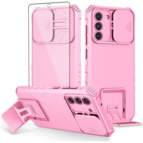 Phone Case for Samsung Galaxy S21 FE Gaxaly S 21 FE 5G with Screen Protector and Slide Camera Cover Kickstand Slim Protective Cell Accessories Glaxay S21FE5G UW S21FE 21S G5 Women Men Pink