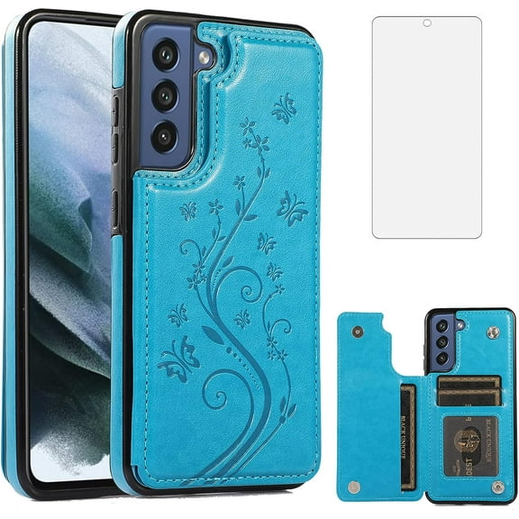 Phone Case for Samsung Galaxy S21 FE Gaxaly S 21 FE 5G with Tempered Glass Screen Protector Card Holder Wallet Cover Stand Flip Leather Cell Glaxay S21FE5G UW S21FE 21S G5 Cases Women Men Blue