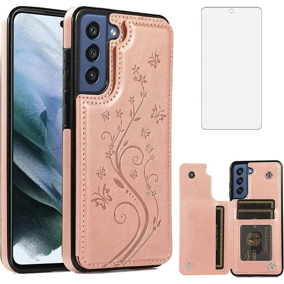 Phone Case for Samsung Galaxy S21 FE Gaxaly S 21 FE 5G with Tempered Glass Screen Protector Card Holder Wallet Cover Stand Flip Leather Cell Glaxay S21FE5G UW S21FE 21S G5 Cases Women Girl Rose Gold