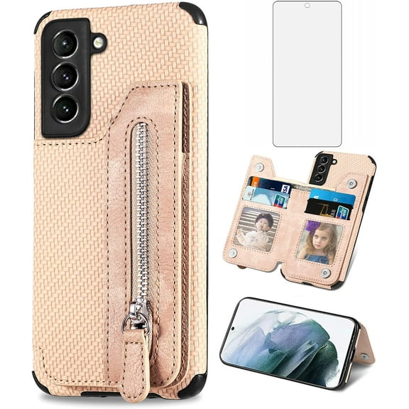 Phone Case for Samsung Galaxy S21 FE Gaxaly S 21 FE 5G Wallet Cover with Screen Protector and Zipper Credit Card Holder Stand Leather Cell Accessories Glaxay S21FE5G UW S21FE 21S G5 Women Men Beige