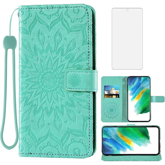 Phone Case for Samsung Galaxy S21 FE Gaxaly S 21 FE 5G Wallet with Tempered Glass Screen Protector Leather Slim Flip Cover Card Holder Stand Cell Glaxay S21FE5G UW S21FE 21S G5 Women Green