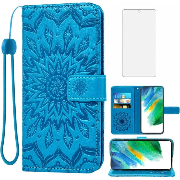 Phone Case for Samsung Galaxy S21 FE Gaxaly S 21 FE 5G Wallet with Tempered Glass Screen Protector Leather Slim Flip Cover Card Holder Stand Cell Glaxay S21FE5G UW S21FE 21S G5 Women Men Blue