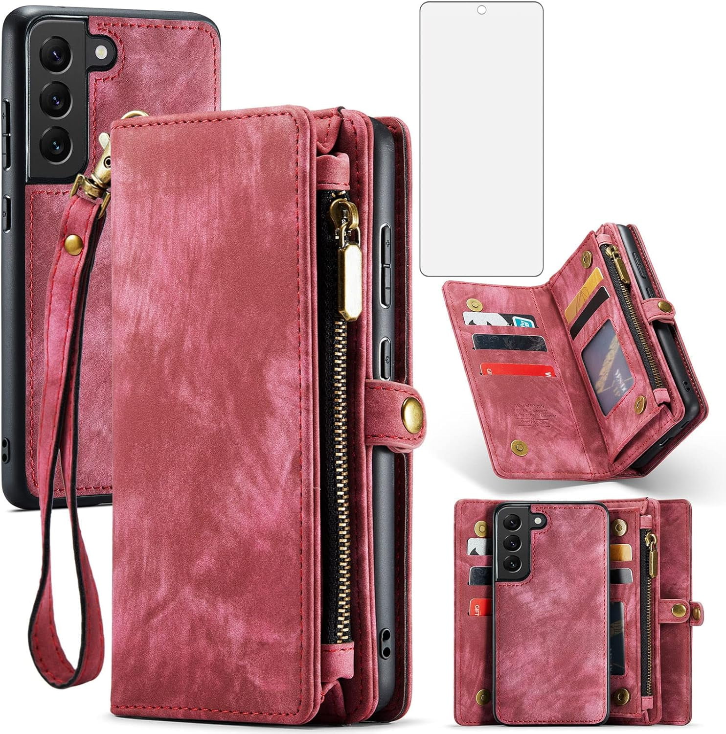 Phone Case for Samsung Galaxy S21 FE Gaxaly S 21 FE 5G Zipper Wallet Cover with Tempered Glass Screen Protector and Flip Card Holder Cell Accessories Glaxay S21FE5G UW S21FE 21S G5 Women Red