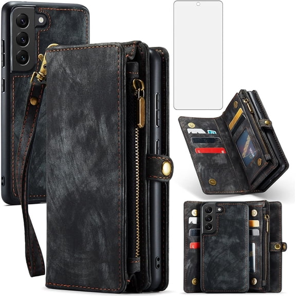 Phone Case for Samsung Galaxy S21 FE Gaxaly S 21 FE 5G Zipper Wallet Cover with Tempered Glass Screen Protector and Flip Card Holder Cell Accessories Glaxay S21FE5G UW S21FE 21S G5 Women Black