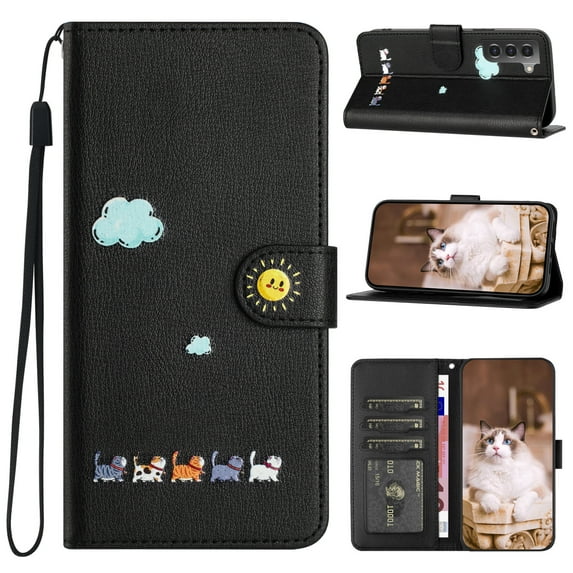 Phone Case for Samsung Galaxy S21, Folding Faux Leather Cute Animal Pattern Wallet Flip Cover with Card Holder & Wrist Strap, Magnetic Closure Shockproof Kickstand Phone Case - Black